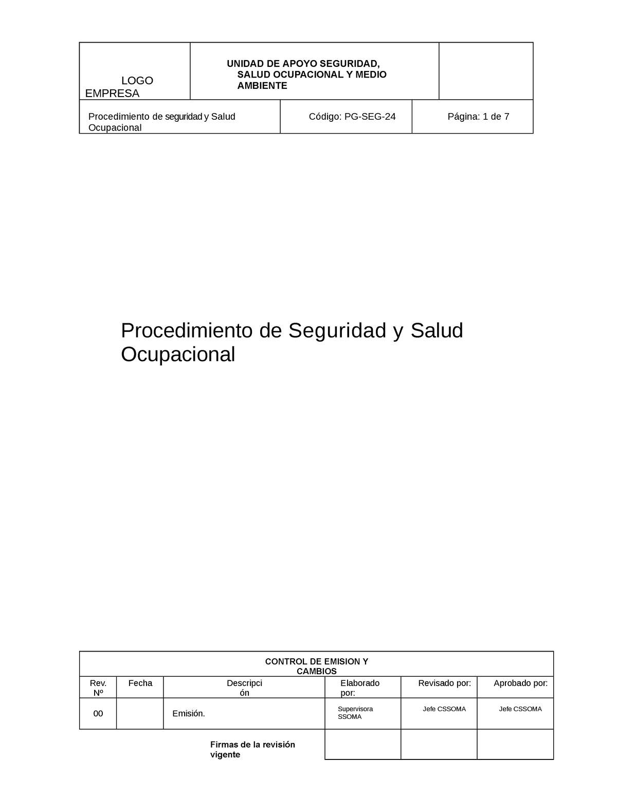 Modelo Procedimiento De Seguridad Y Salud Ocupacional Logo Empresa Unidad De Apoyo Seguridad 5435