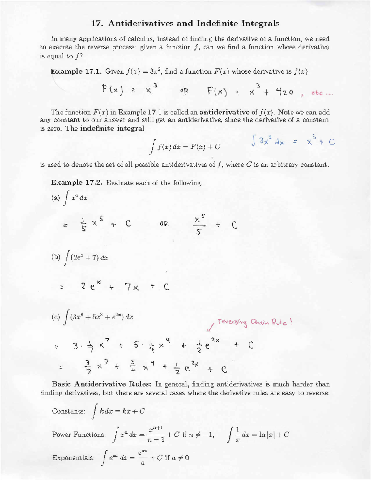 Section 17 Notes - Antiderivatives And Indefinite Integrals ...