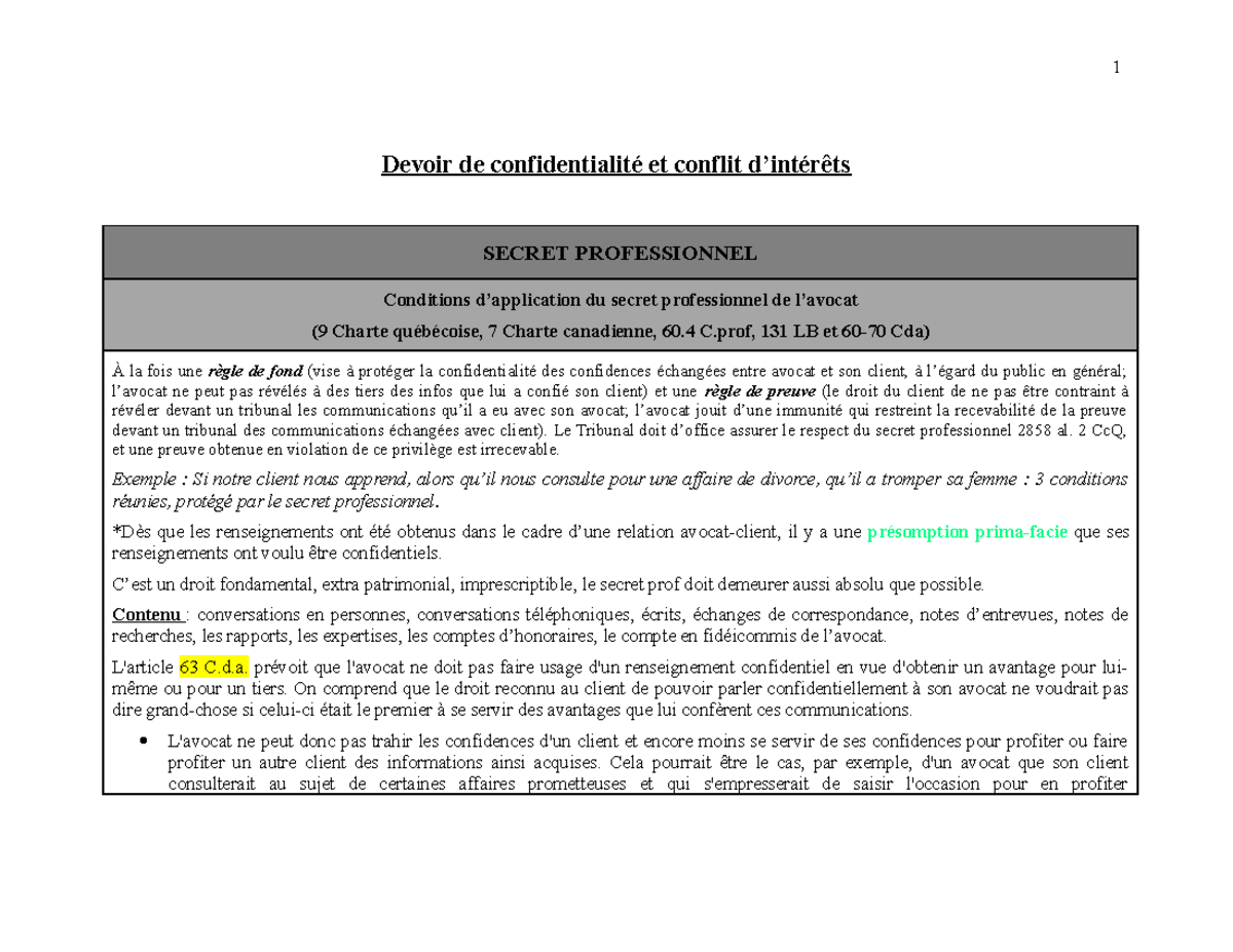 Confidentialité Conflit d intérêt - Devoir de confidentialité et