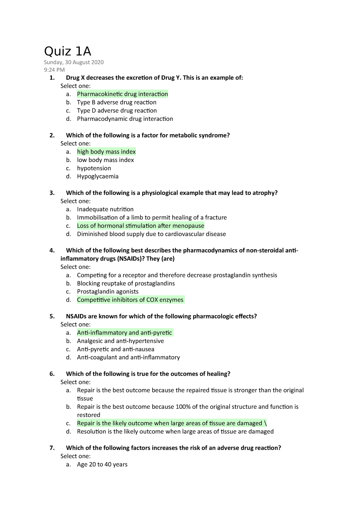 Quiz 8 June 2019, questions and answers Quiz 1A Sunday 30 August 2020 ...