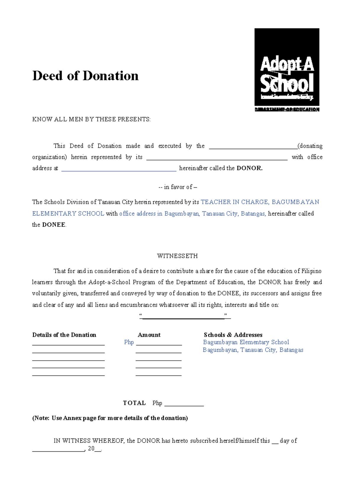 DEED of Donation blank - Deed of Donation KNOW ALL MEN BY THESE ...