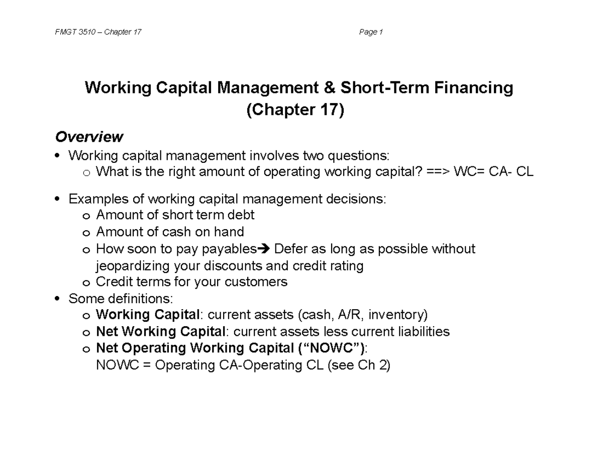 FMGT 3510 Chapter 17 working capital - Working Capital Management ...