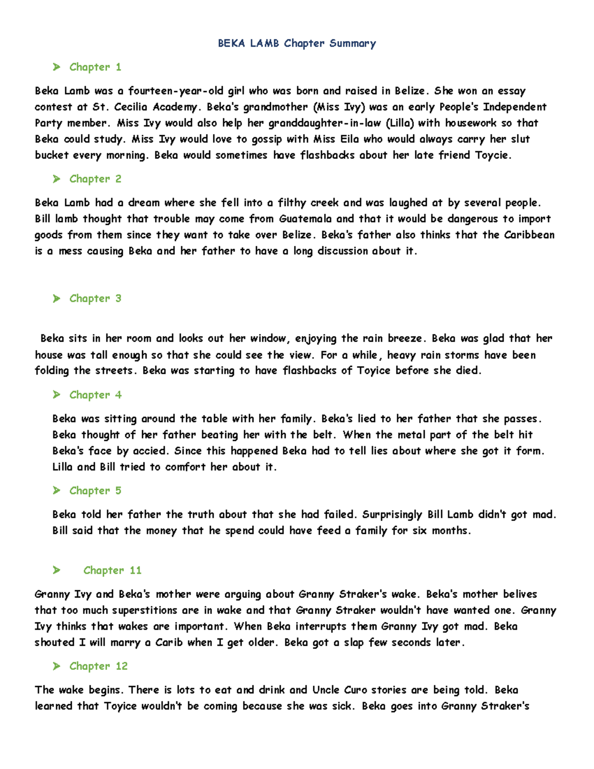 BEKA LAMB Chapter Summary She won an essay contest at St. Cecilia