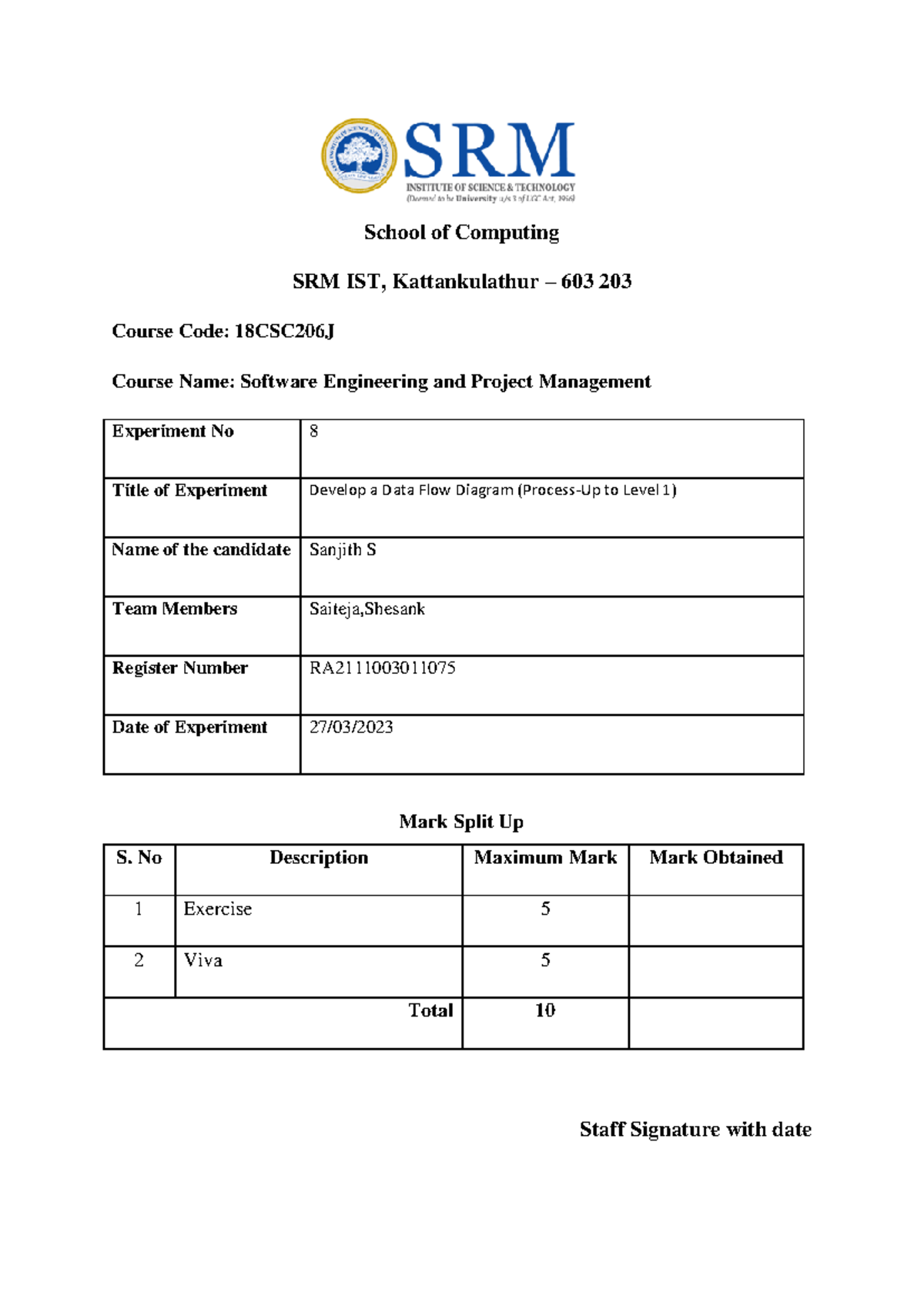 18CSC206J SEPM Ex 8 - NIL - School of Computing SRM IST, Kattankulathur ...