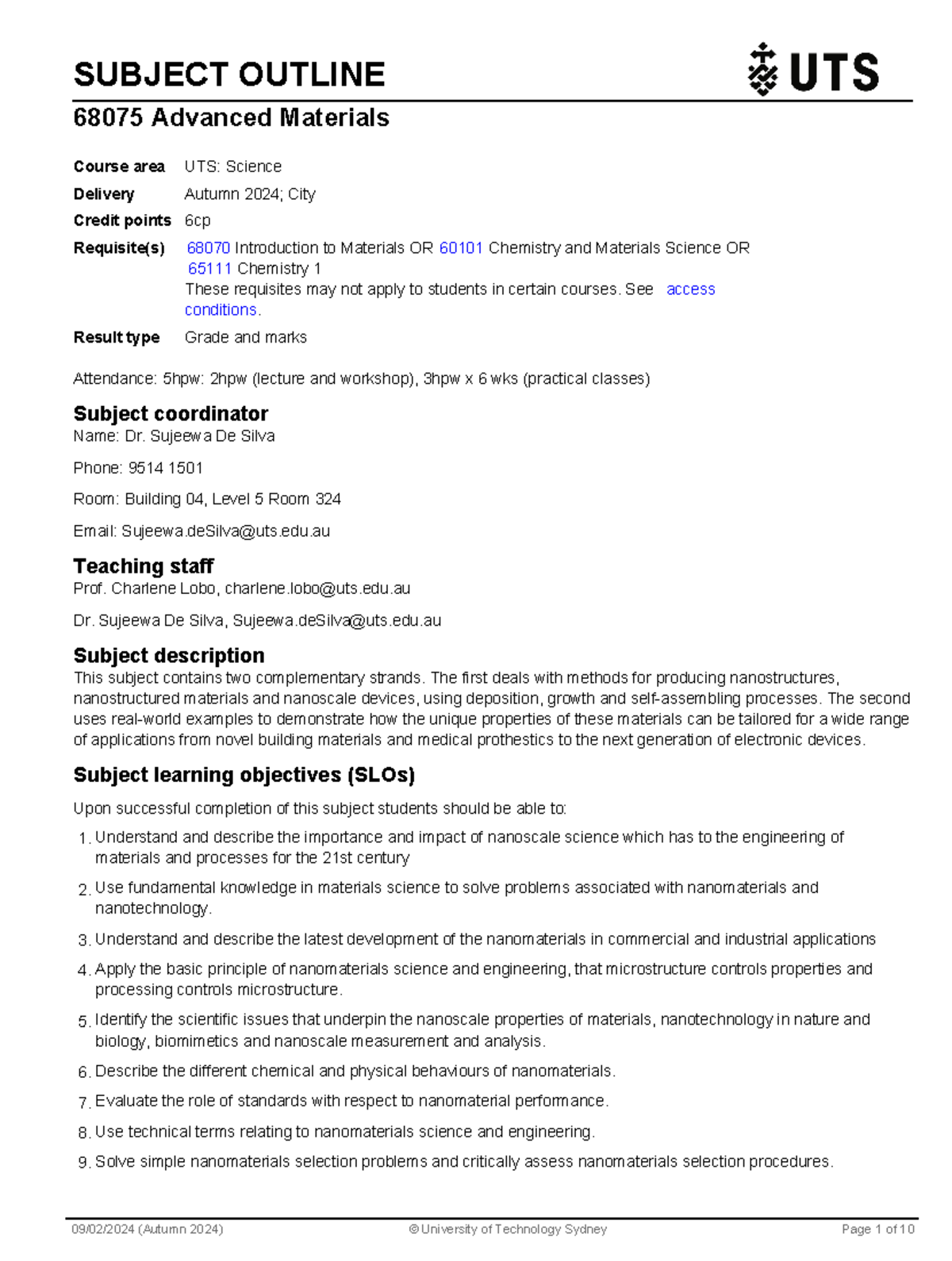 Advance Material 2024 outline - SUBJECT OUTLINE 68075 Advanced ...