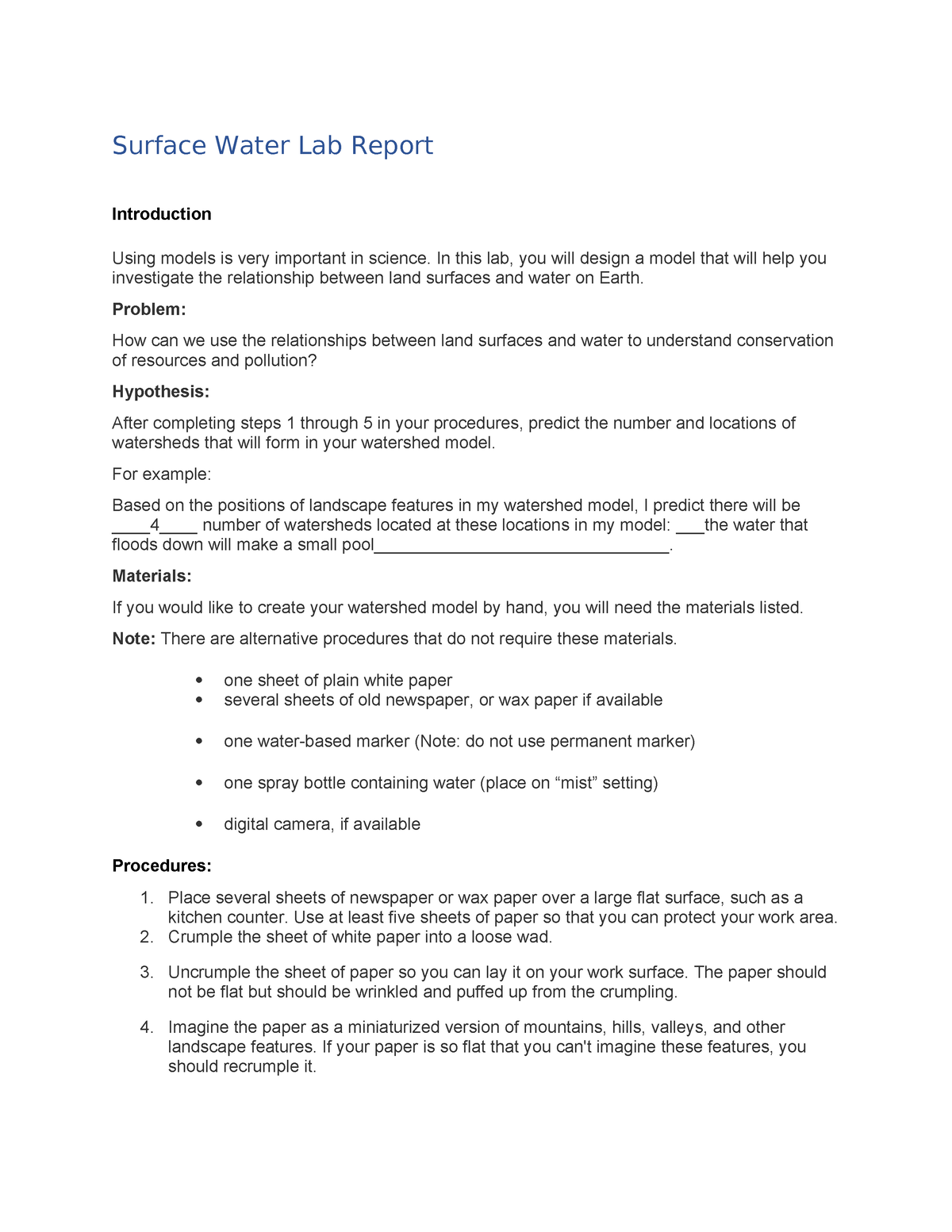 Surface Water Lab Report Surface Water Lab Report Introduction Using