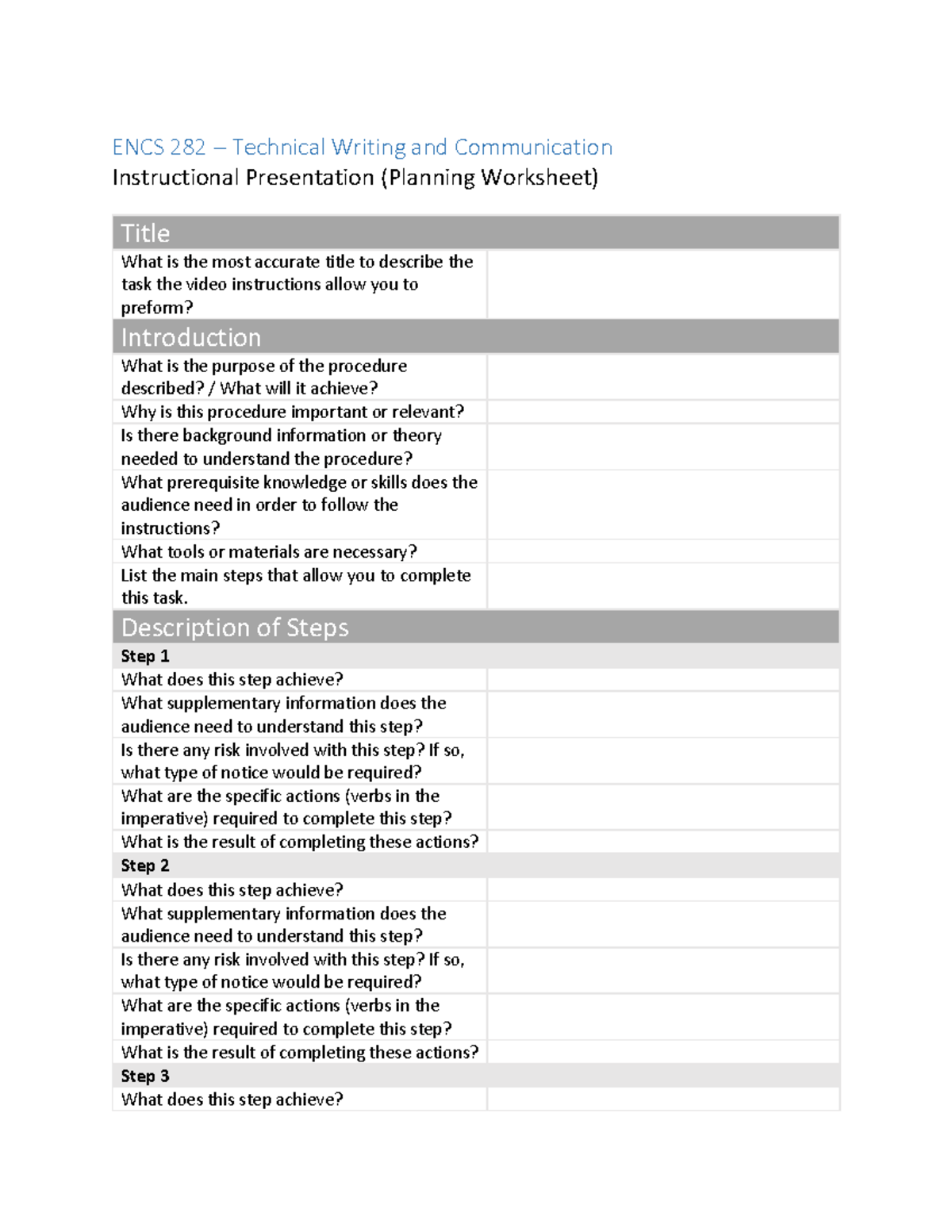 Instructional presentation planning worksheet encs 282 technical