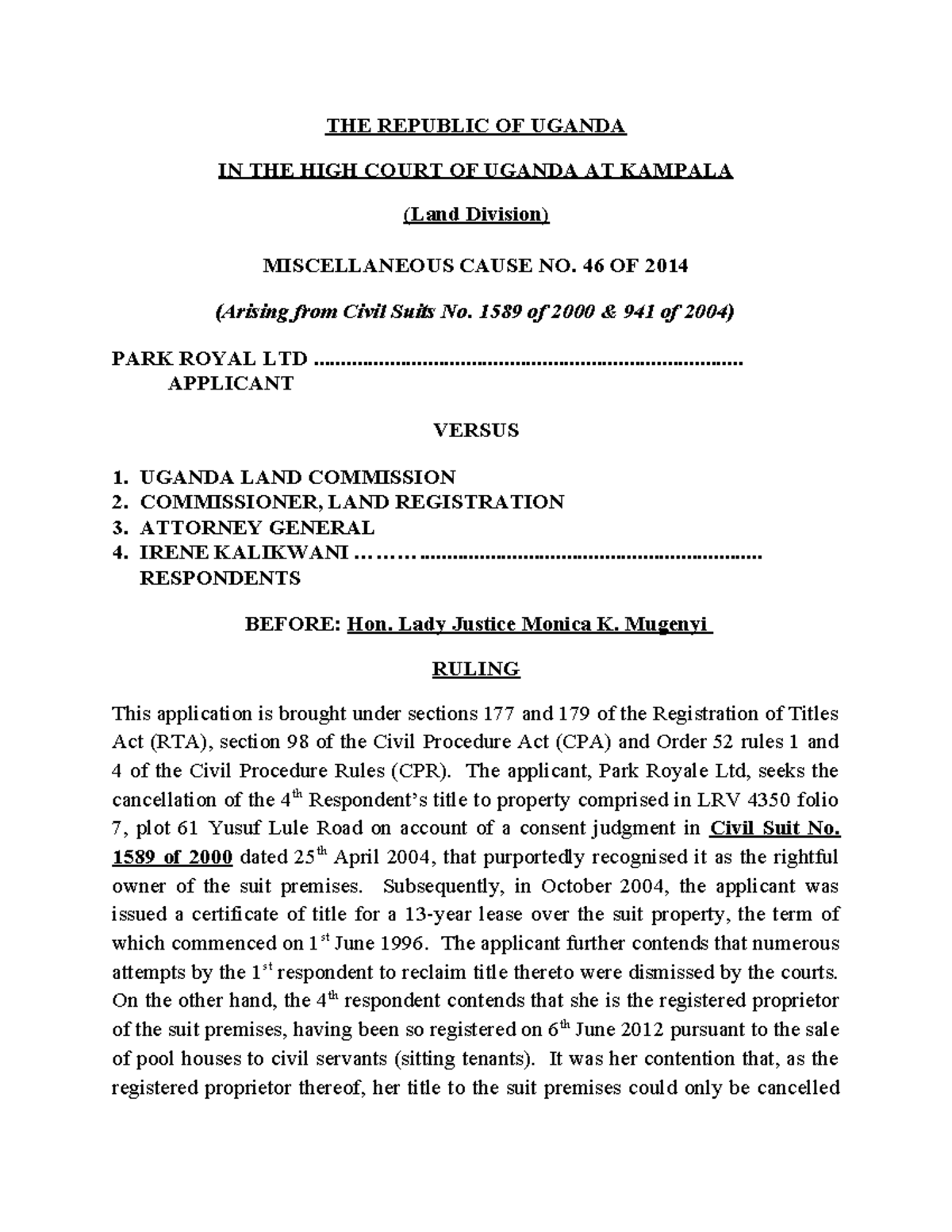 2015-ughcld-2 0 - court precedents - THE REPUBLIC OF UGANDA IN THE HIGH ...