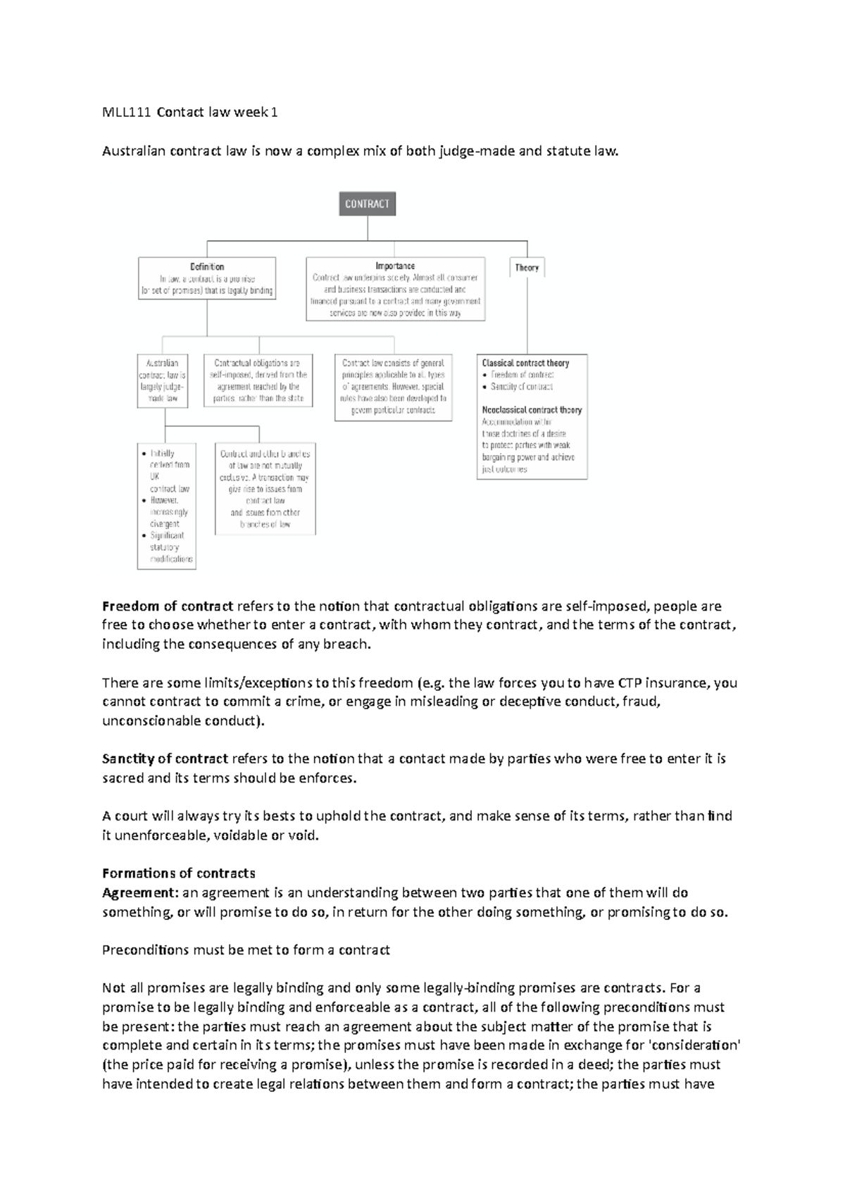 MLL111 Contact law week 1 - Freedom of contract refers to the notion ...