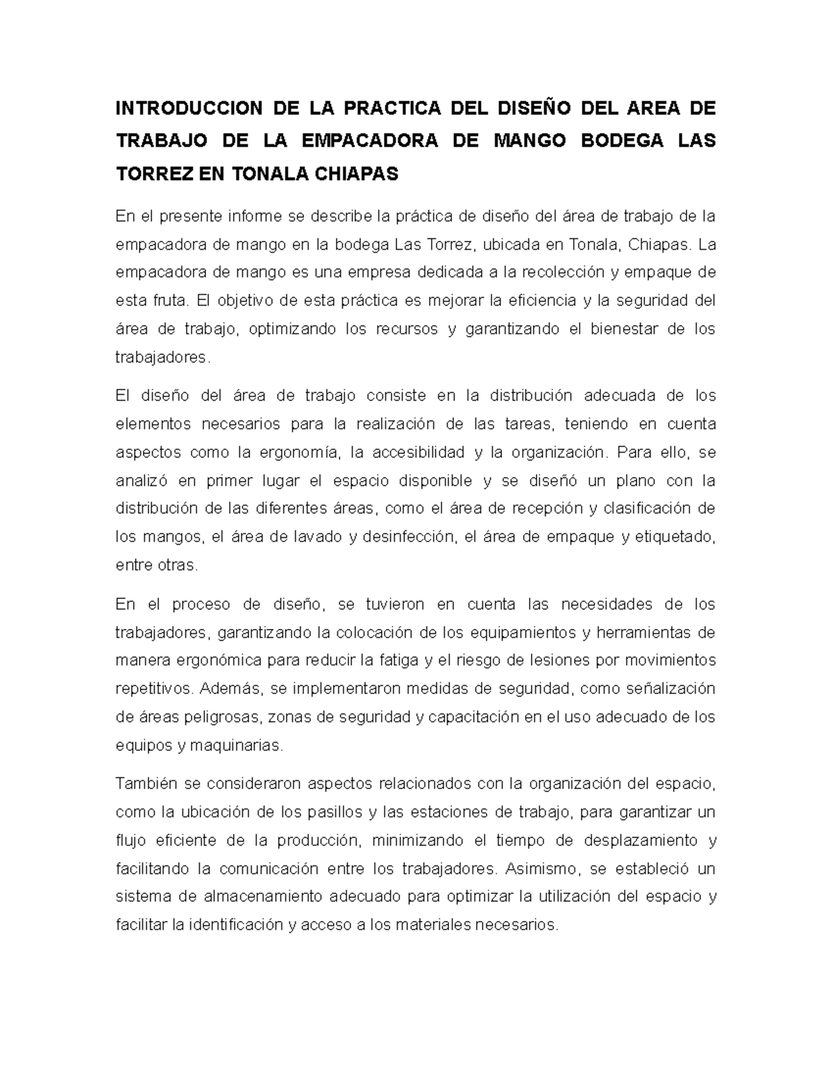 Diseño DEL AREA DE Trabajo DE LA Empacadora DE Mango Bodega LAS Torrez