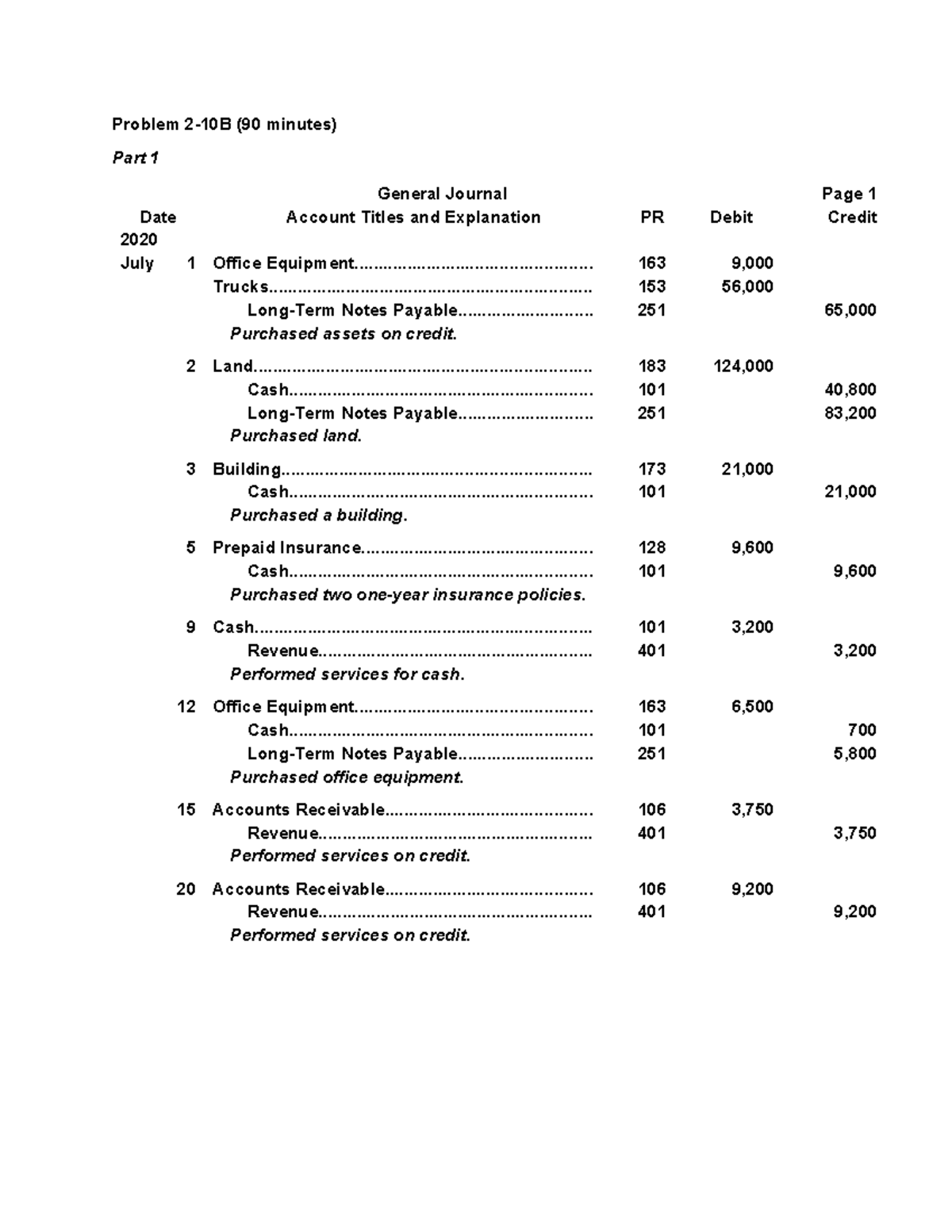 Review Solution - Problem 2-10B (90 minutes) Part 1 General Journal ...