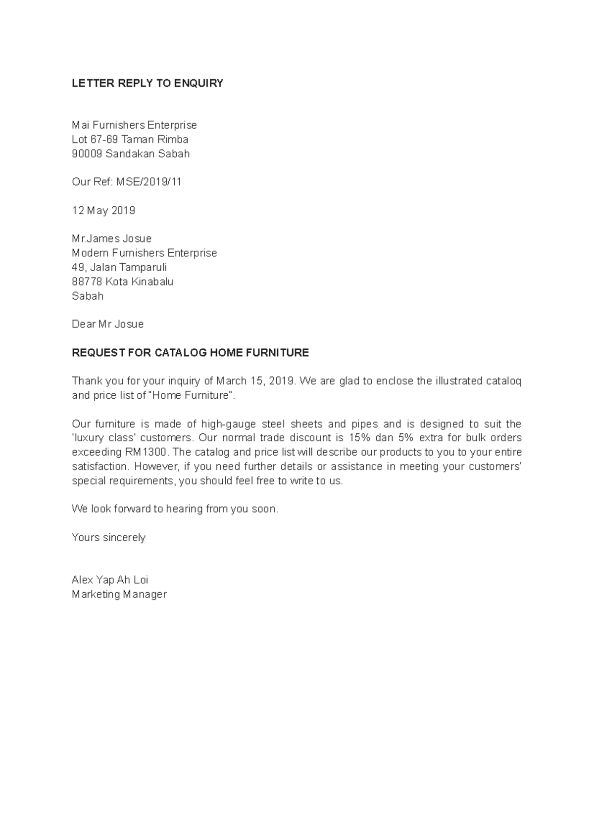 Letter Reply TO Enquiry - LETTER REPLY TO ENQUIRY Mai Furnishers ...