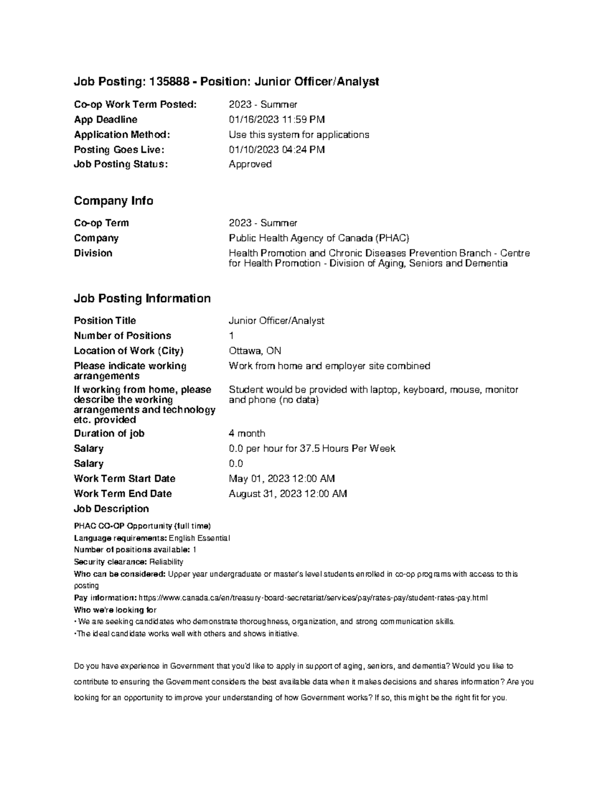 Junior Officer Analyst-135888 - Job Posting: 135888 - Position: Junior ...