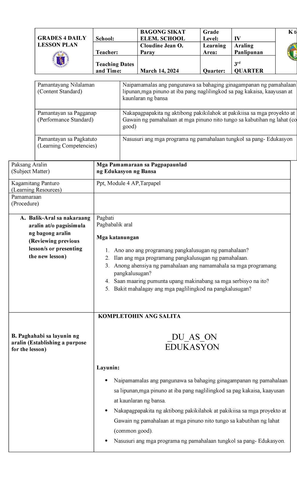 AP Edukasyon - LESSON PLAN - GRADES 4 DAILY LESSON PLAN School: BAGONG ...