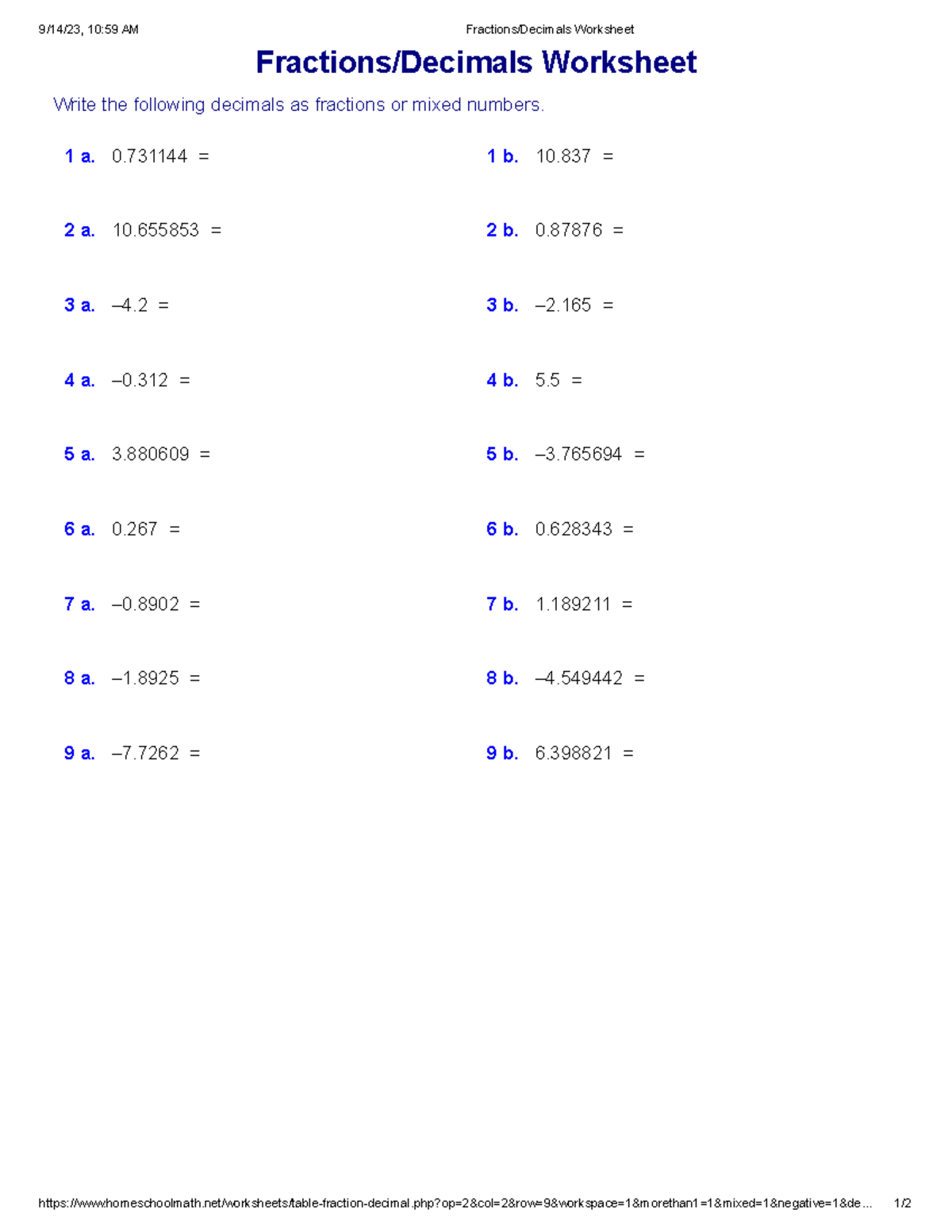 Fractions Decimals Worksheet - 9 14 23, 10:59 Am Fractions Decimals 