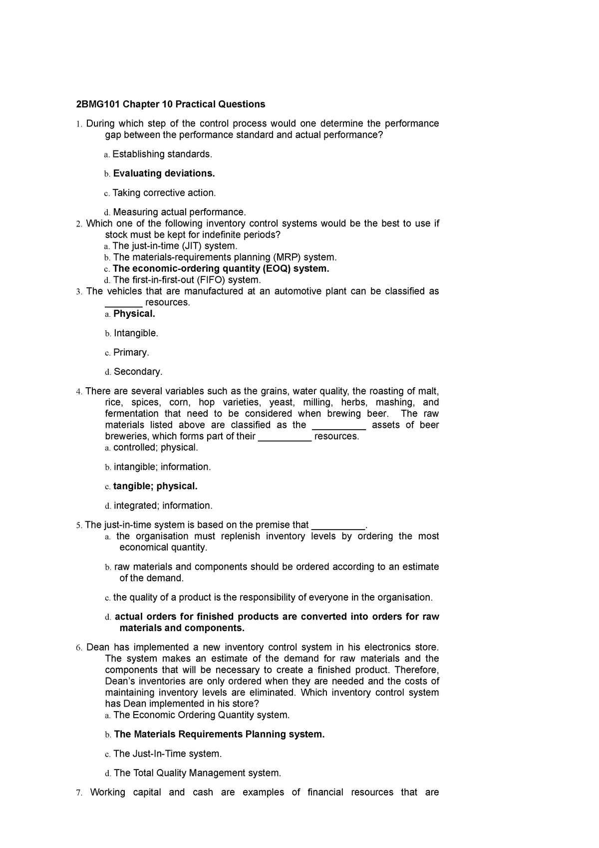 Chapter 10 - Multiple Choice Questions - 2BMG101 Chapter 10 Practical ...