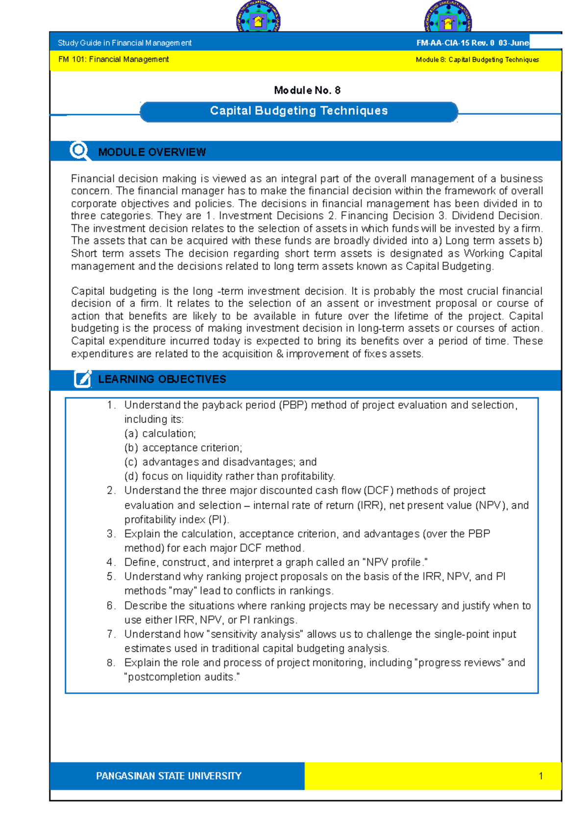 FM 101 SG 8 - Goodluck - Module No. 8 MODULE OVERVIEW Financial ...