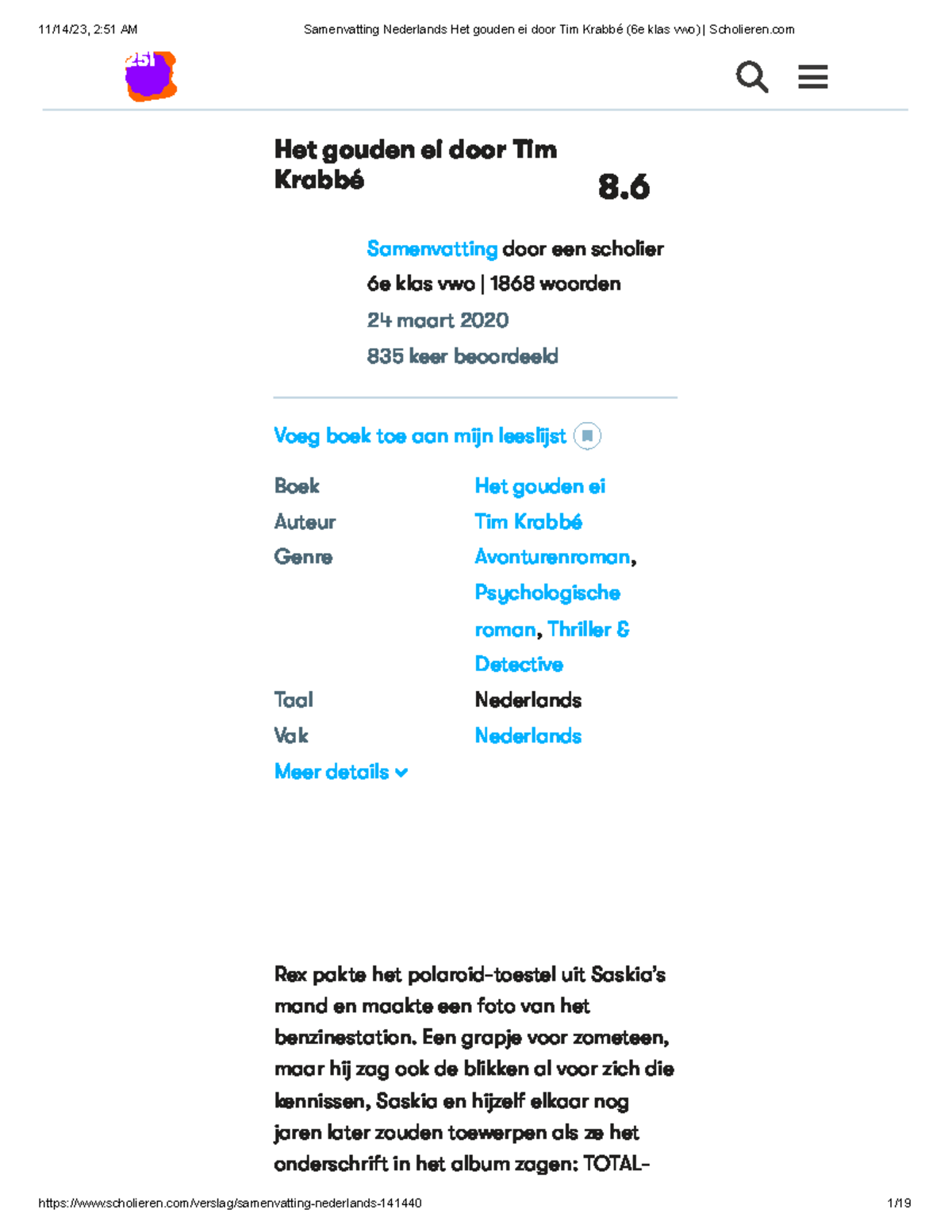 Samenvatting Nederlands Het gouden ei door Tim Krabbé (6e klas vwo) Scholieren Het gouden ei
