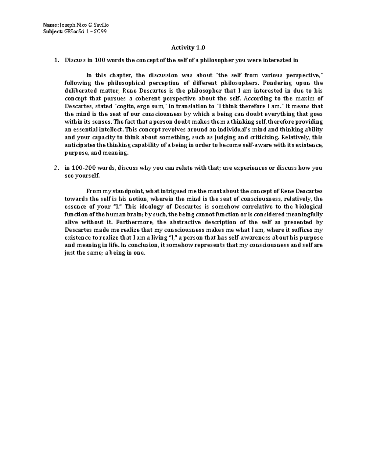 GESoc Sci 1 - Assignment #1 - Savillo - Name: Joseph Nico G. Savillo ...