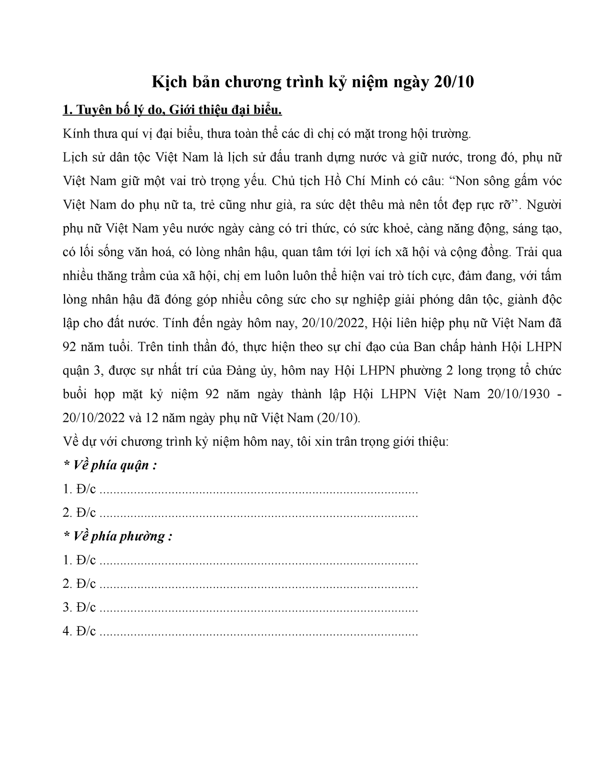 Kịch bản chương trình kỷ niệm ngày 20 Tuyên bố lý do Giới thiệu đại biểu Kính thưa quí vị