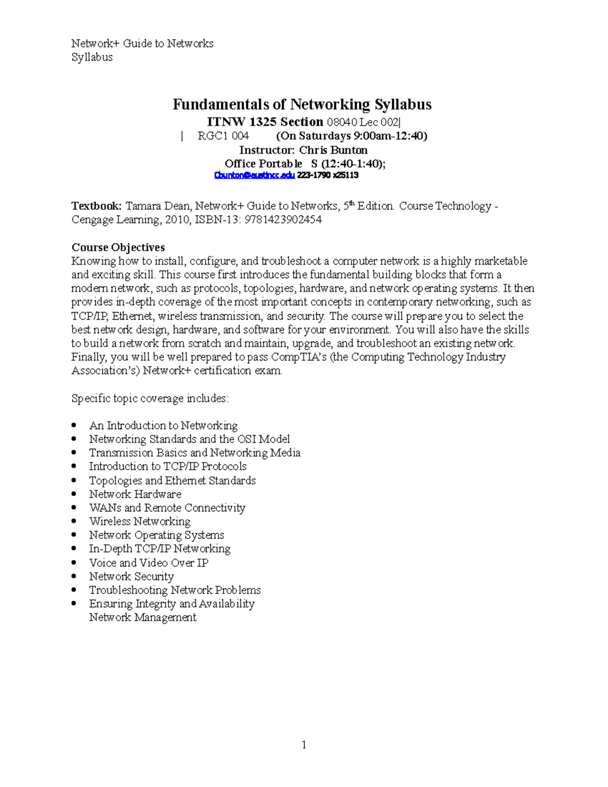 1325Syllabus Networking Network+ Guide to Networks Syllabus