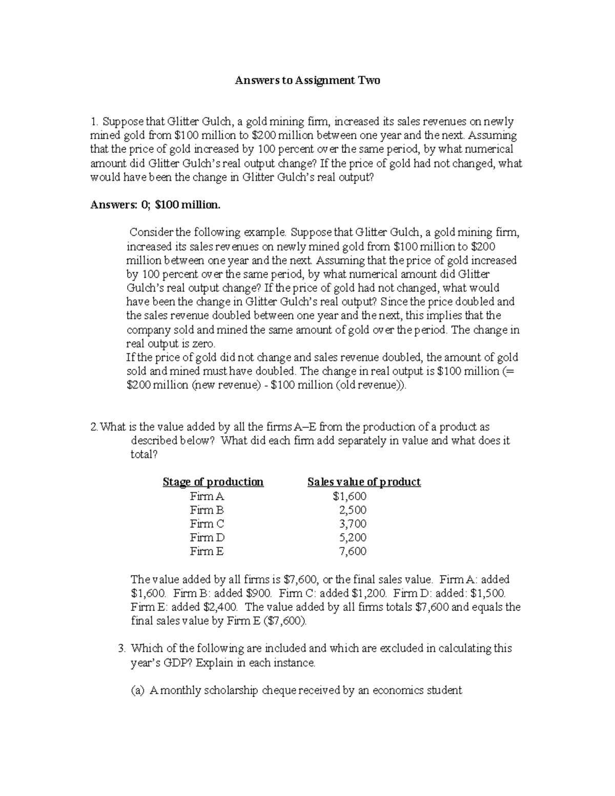 Answers Assignment Two - Answers to Assignment Two 1. Suppose that ...
