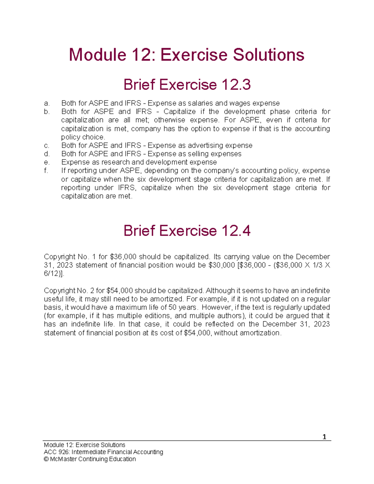 Module 12 Exercise Solutions - 1 Module 12: Exercise Solutions ACC 926 ...