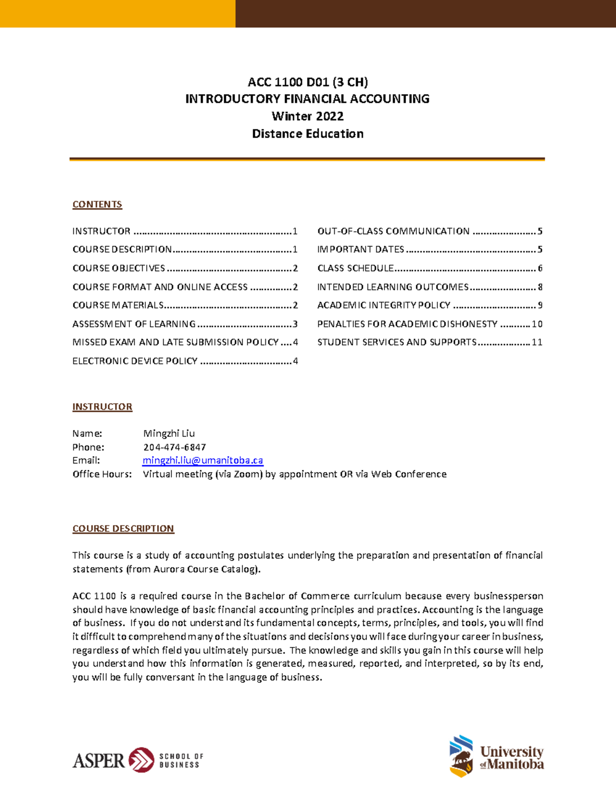 Course Outline - ACC 1100 D01 (3 CH) INTRODUCTORY FINANCIAL ACCOUNTING ...