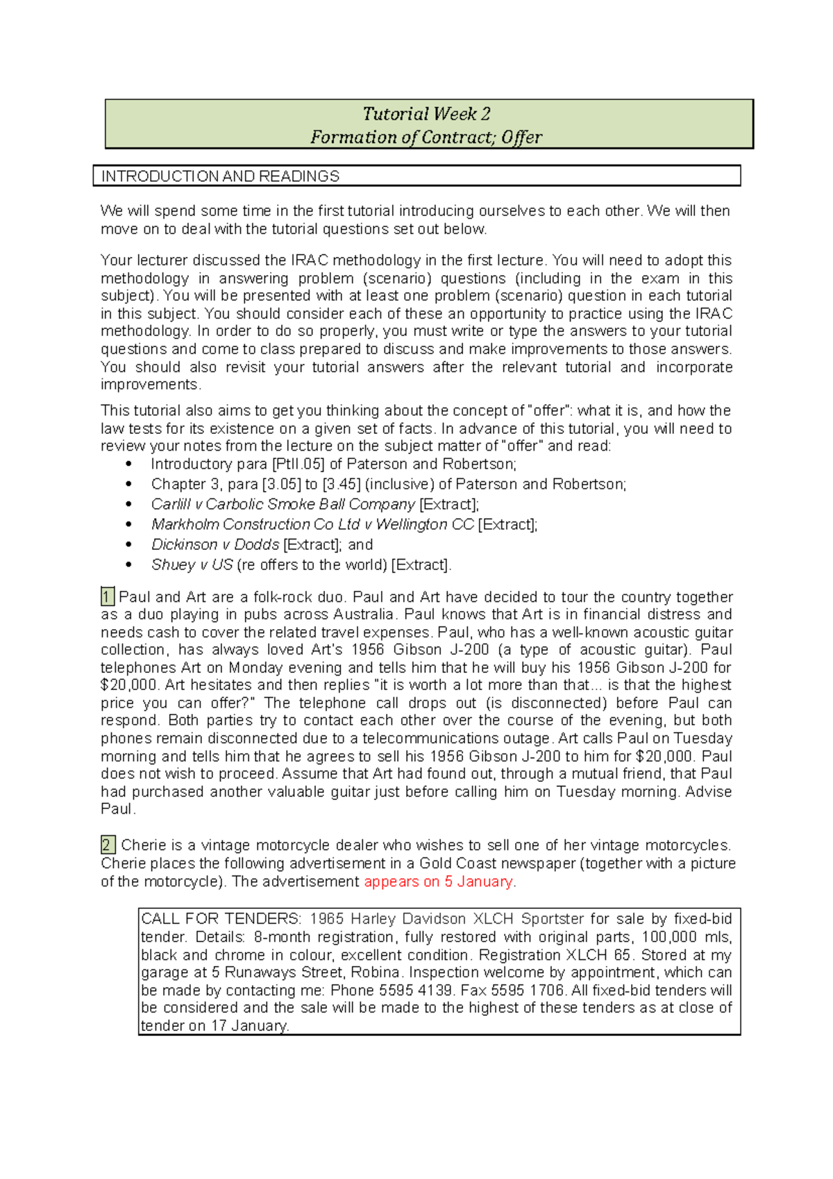 Tutorial 1 (Week 2) 203 - Tutorial Week 2 Formation of Contract; Offer ...