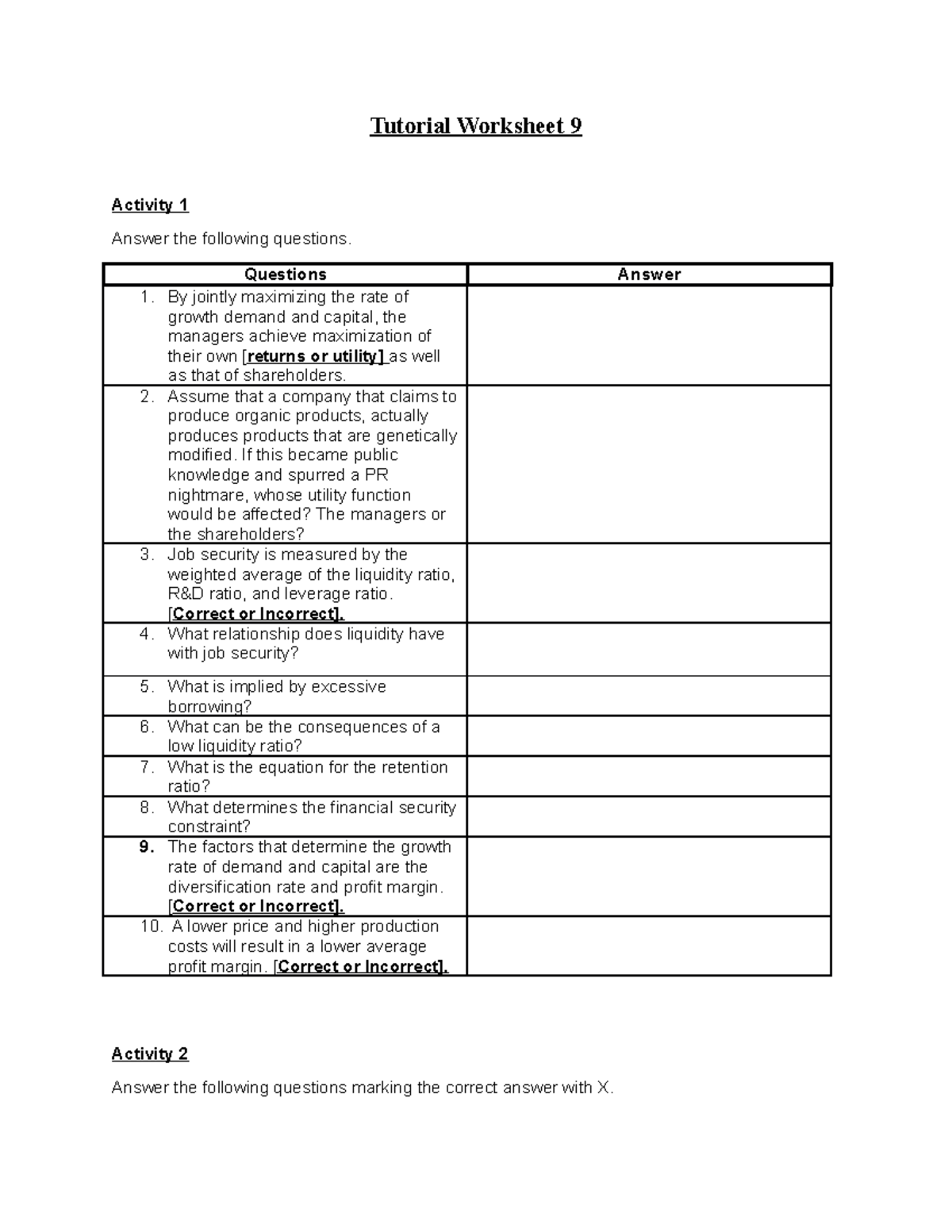 ECO 2B Tutorial Worksheet 9 - Tutorial Worksheet 9 Activity 1 Answer ...