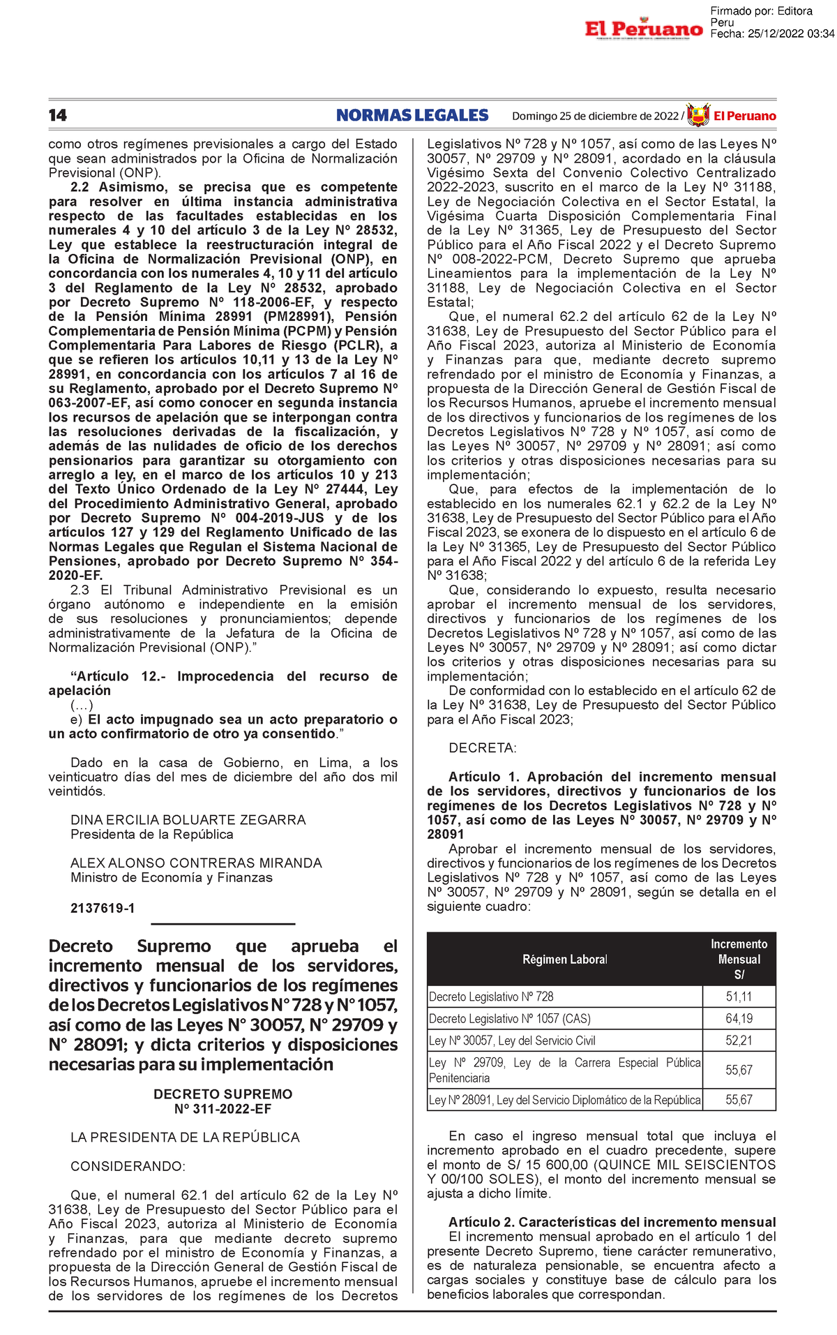 Decreto Supremo Que Aprueba El Incremento Mensual De Los Ser Decreto ...