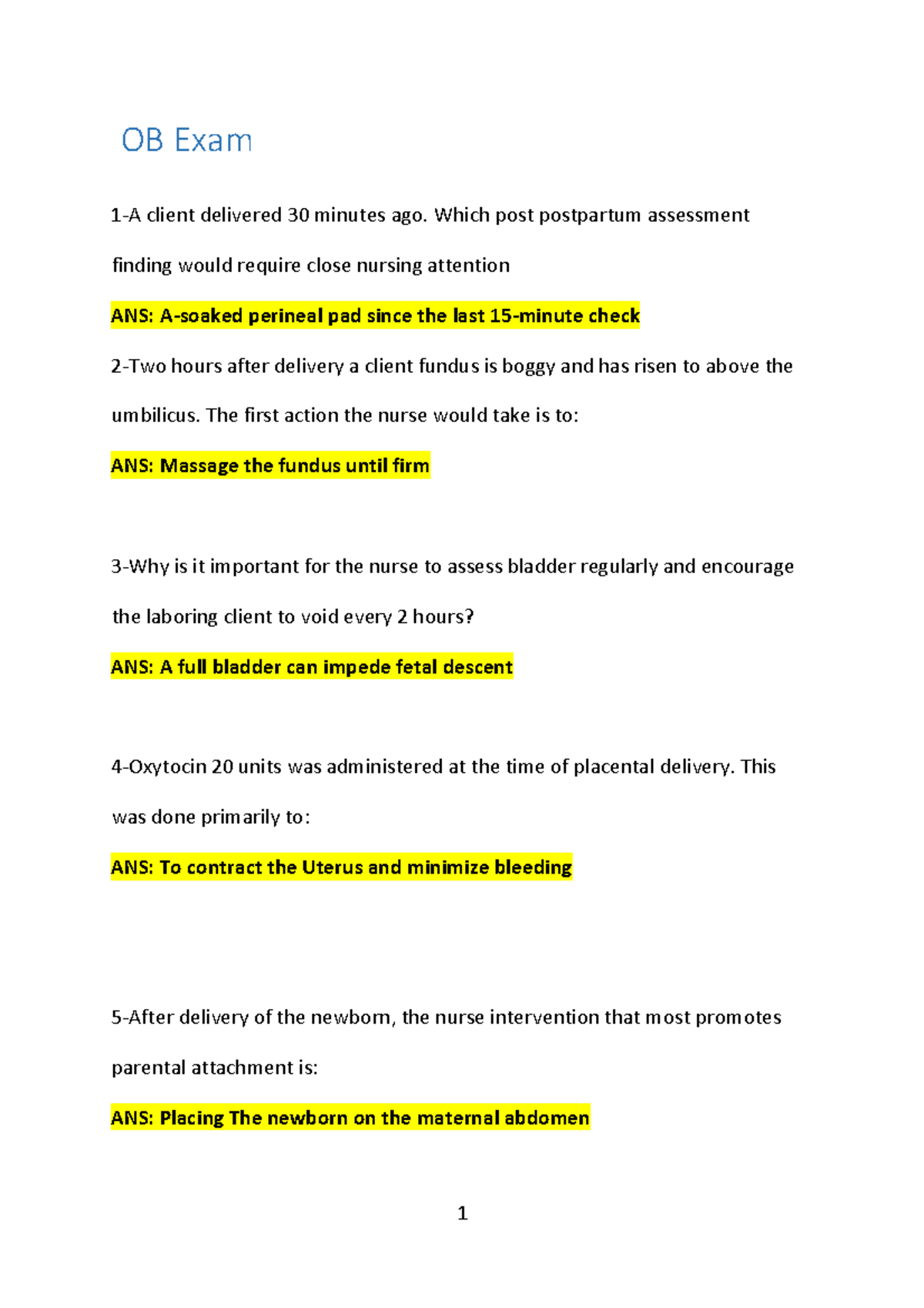 Exam OB 2 - Exam OB 2 - OB Exam 1-A Client Delivered 30 Minutes Ago ...