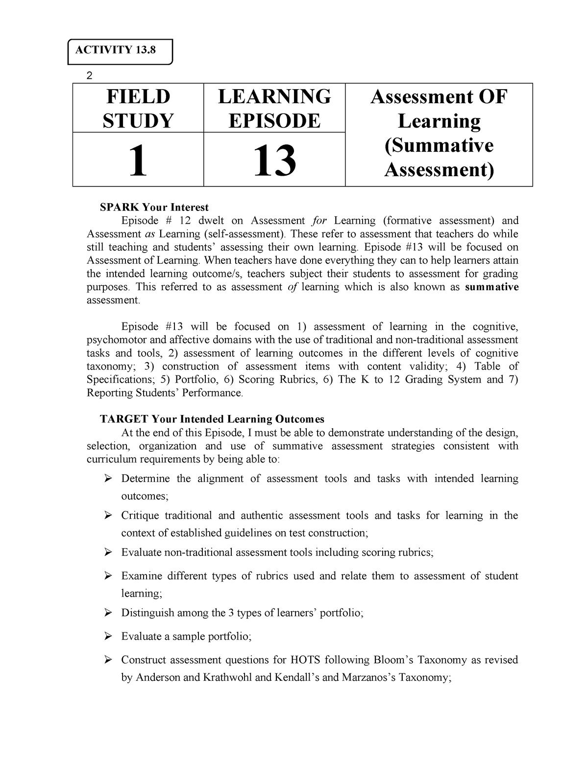 Field Study 1 Learning Episode 13 - 2 FIELD STUDY LEARNING EPISODE ...