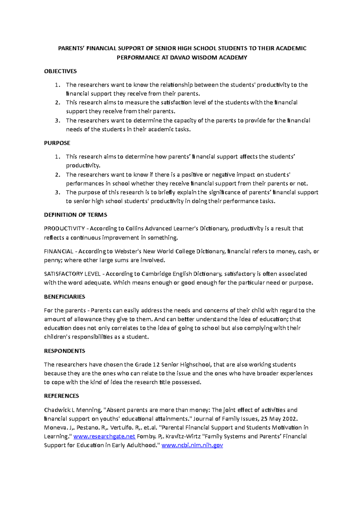 PR2 Research Parents Financial Support - PARENTS’ FINANCIAL SUPPORT OF ...