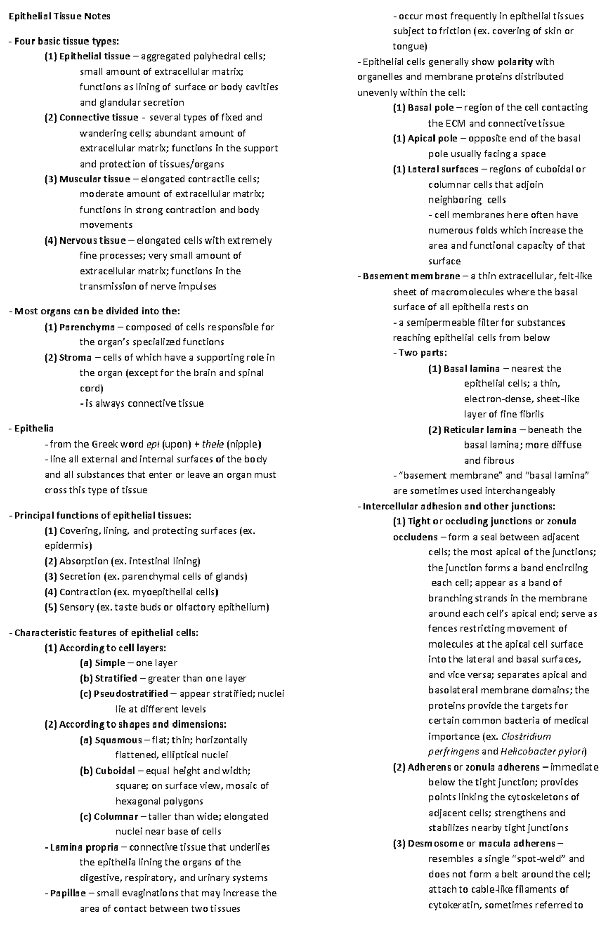 Epithelial Tissue Notes from book - Epithelial Tissue Notes - Four ...