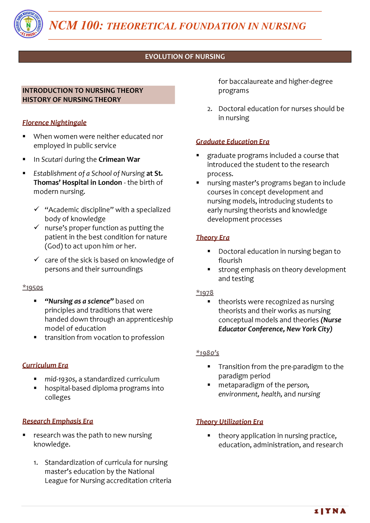 NCM100 - NCM 100: THEORETICAL FOUNDATION IN NURSING EVOLUTION OF ...