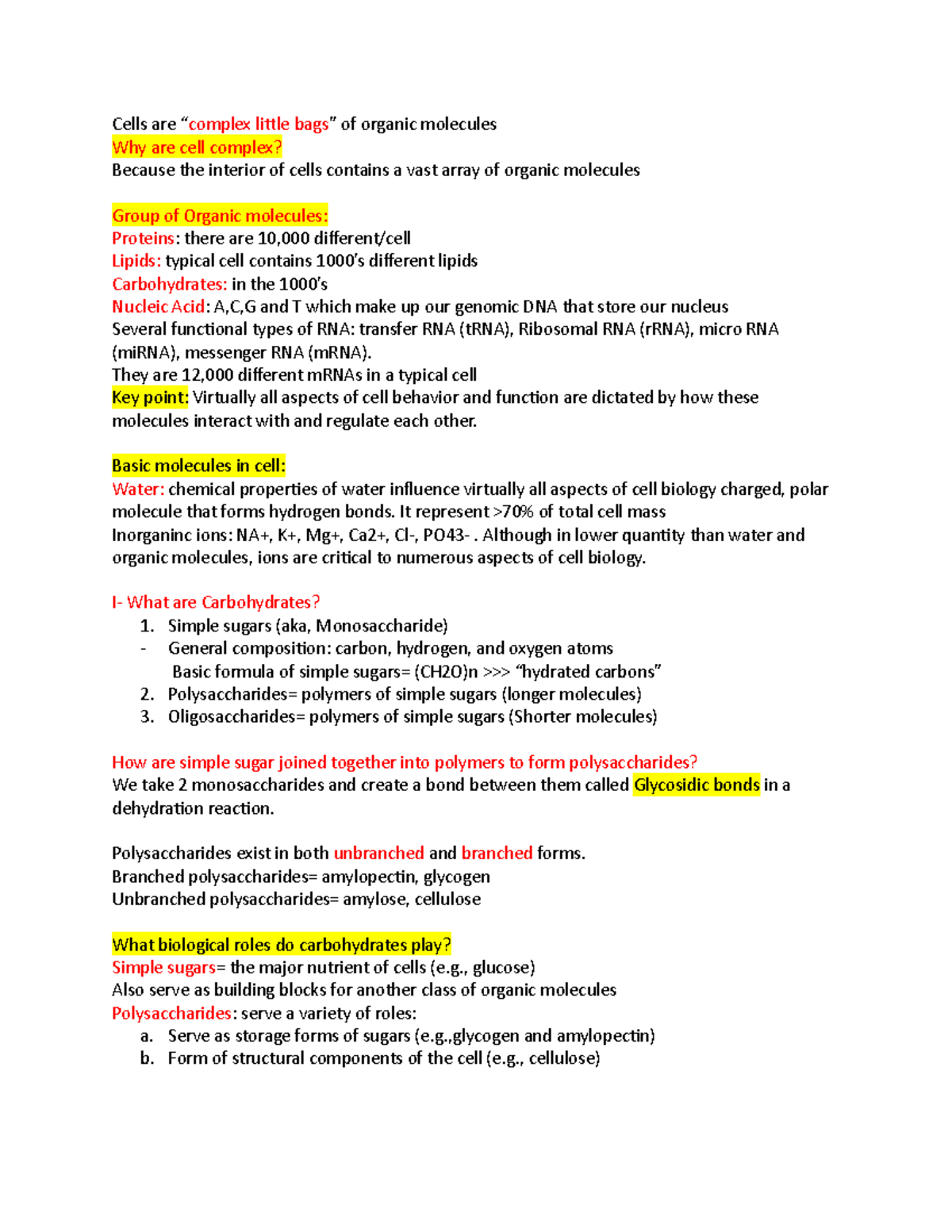 Cell Bio Lecture 1 notes - Cells are “complex little bags” of organic ...