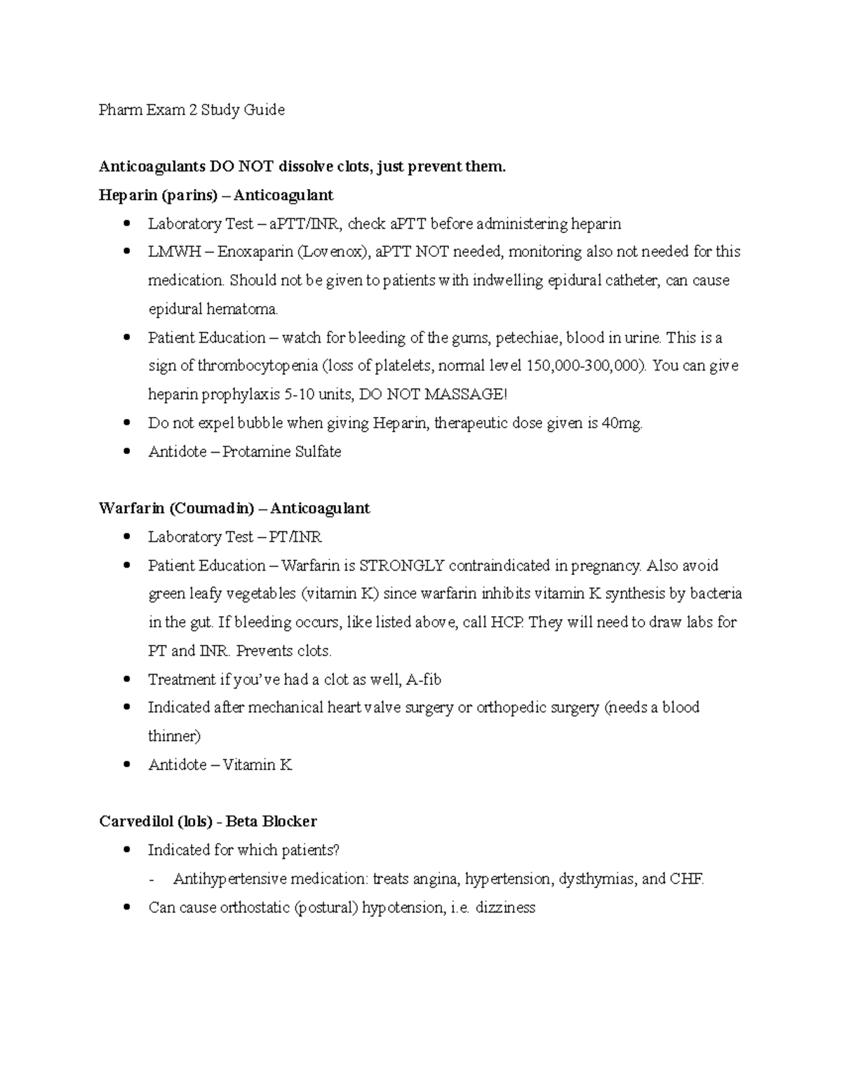 Pharm 2 Exam Study Guide - Pharm Exam 2 Study Guide Anticoagulants DO ...