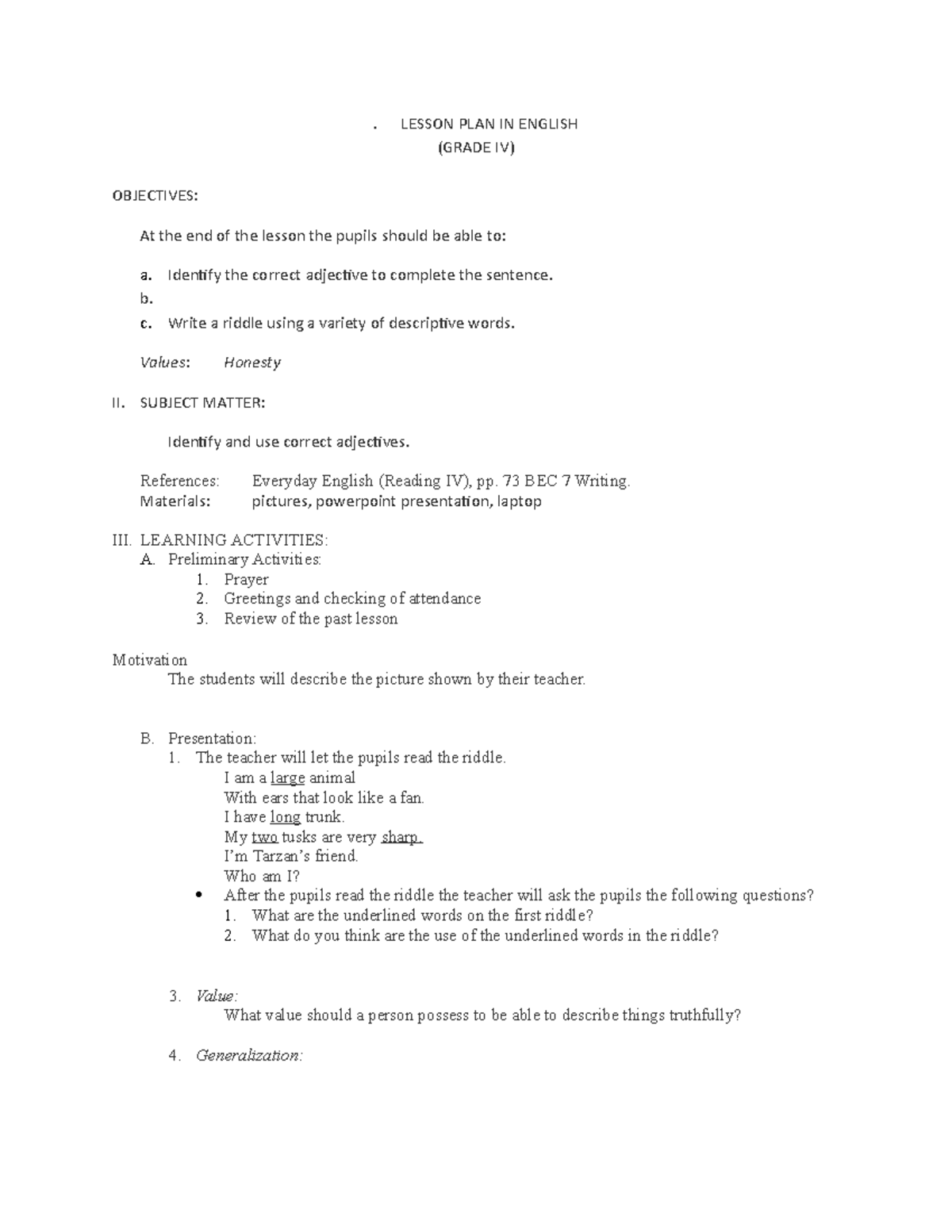 Lesson PLAN IN English IV - . LESSON PLAN IN ENGLISH (GRADE IV ...