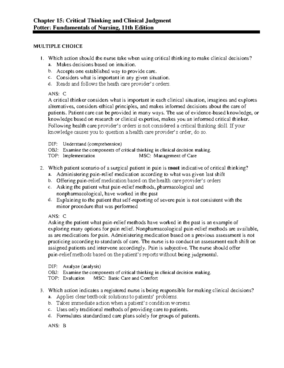 TB\15 - test bank - Chapter 15: Critical Thinking and Clinical Judgment ...