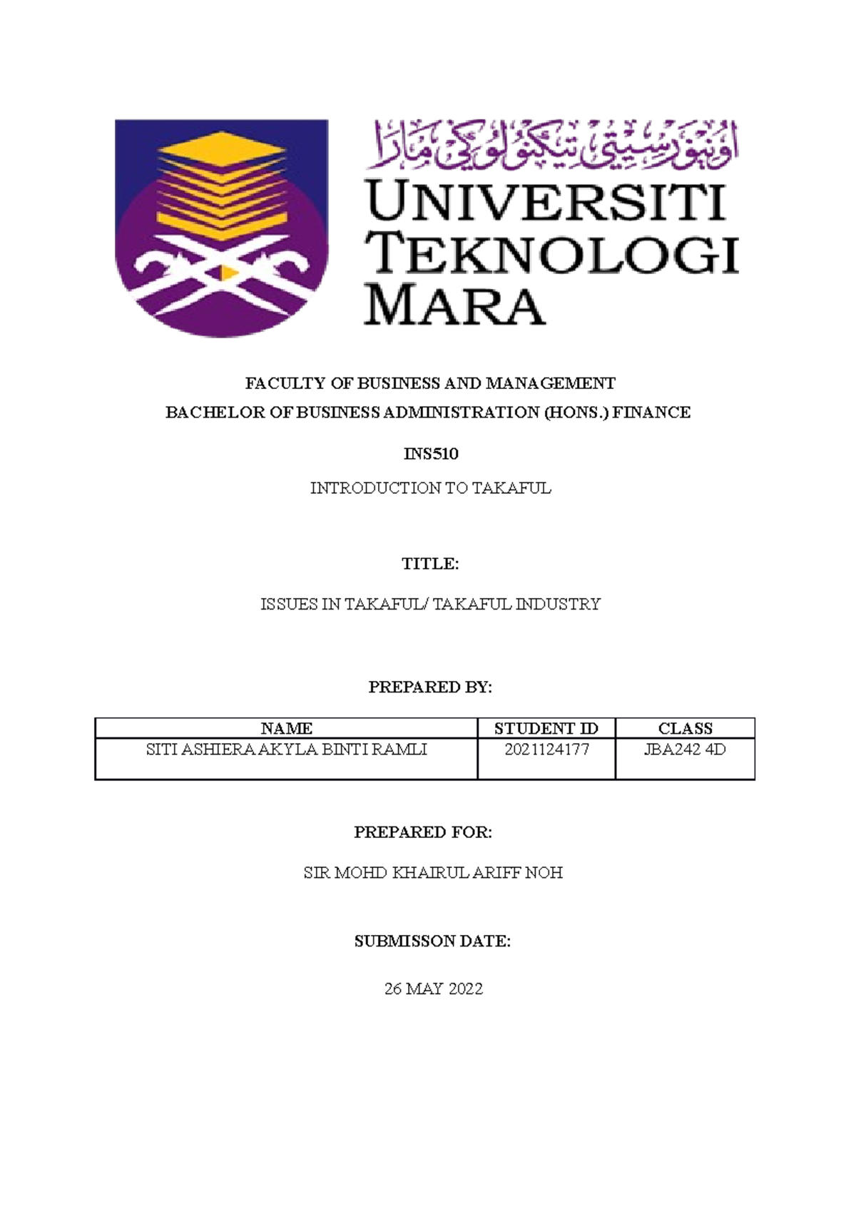 Individual Assignment - FACULTY OF BUSINESS AND MANAGEMENT BACHELOR OF ...