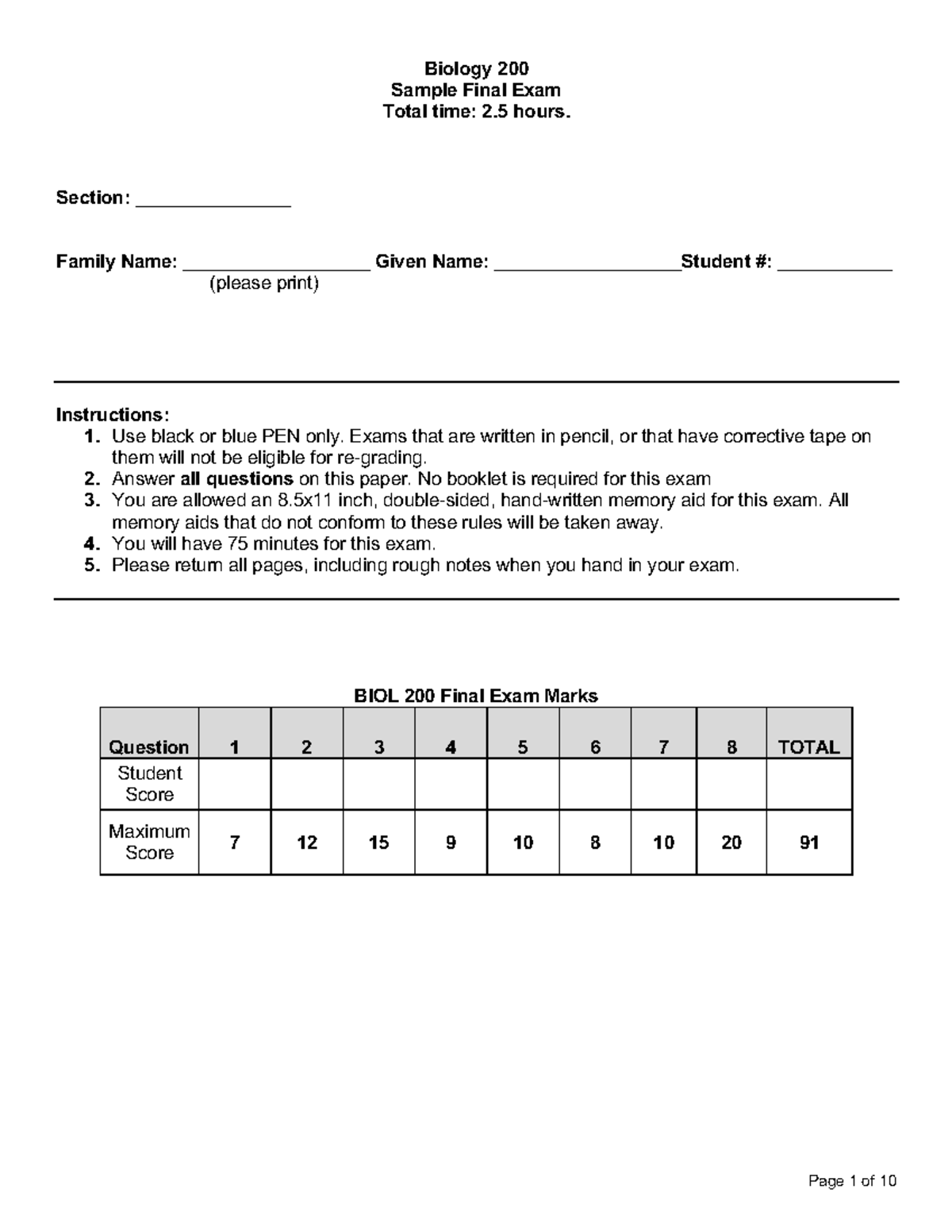 Final 2019, questions and answers - Biology 200 Sample Final Exam Total ...