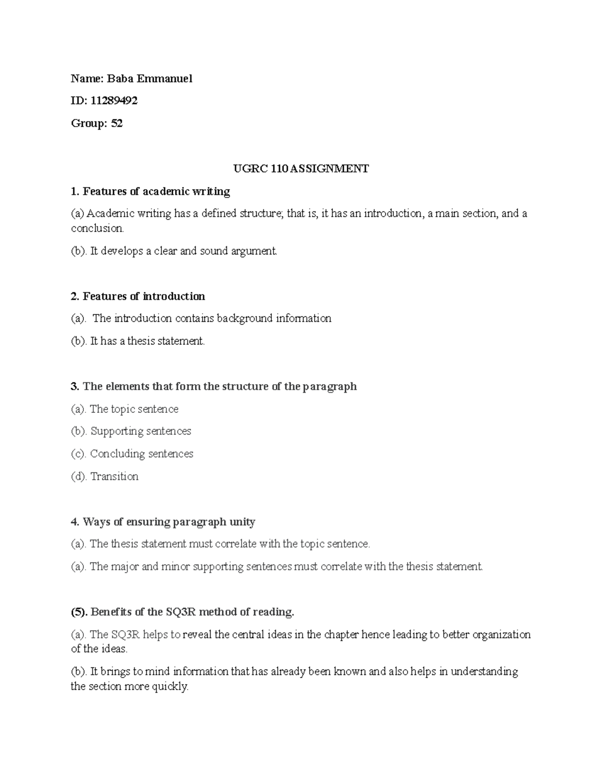 Academic Writing Assignment (11289492) - Name: Baba Emmanuel ID ...