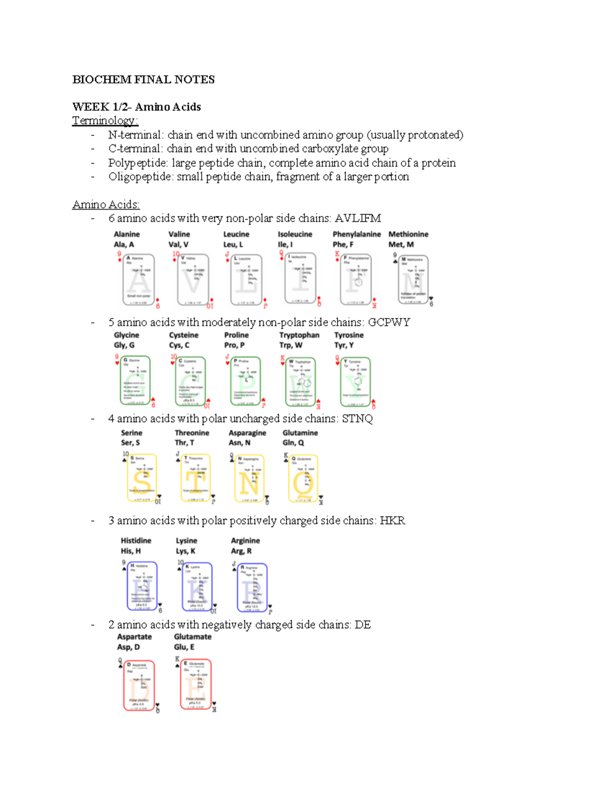 Biochem 2580 Final Notes - BIOCHEM FINAL NOTES WEEK 1/2- Amino Acids ...