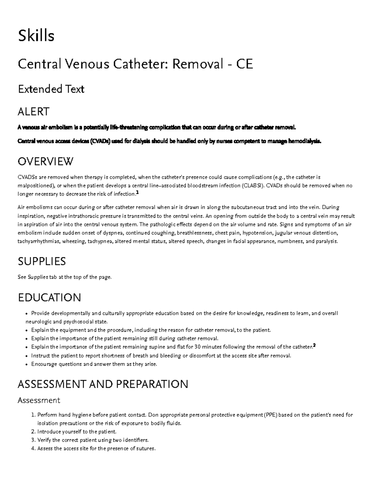 Central Venous Catheter Removal Extended Skills Central Venous