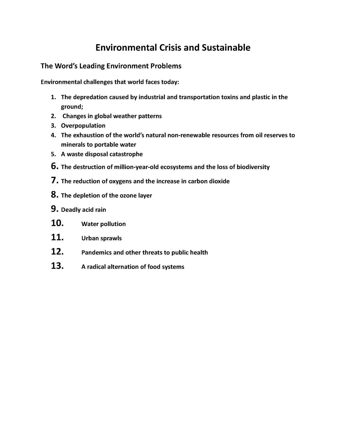 Environmental Crisis and Sustainable-summary - Environmental Crisis and ...