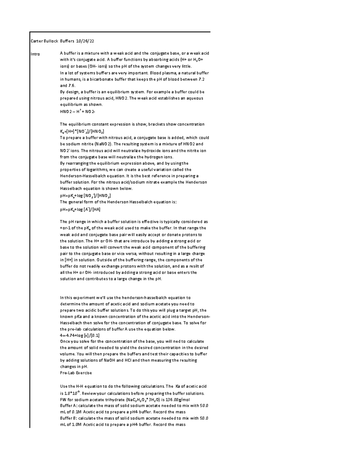 Buffer PreLab PreLab write up of the procedure Carter Bullock