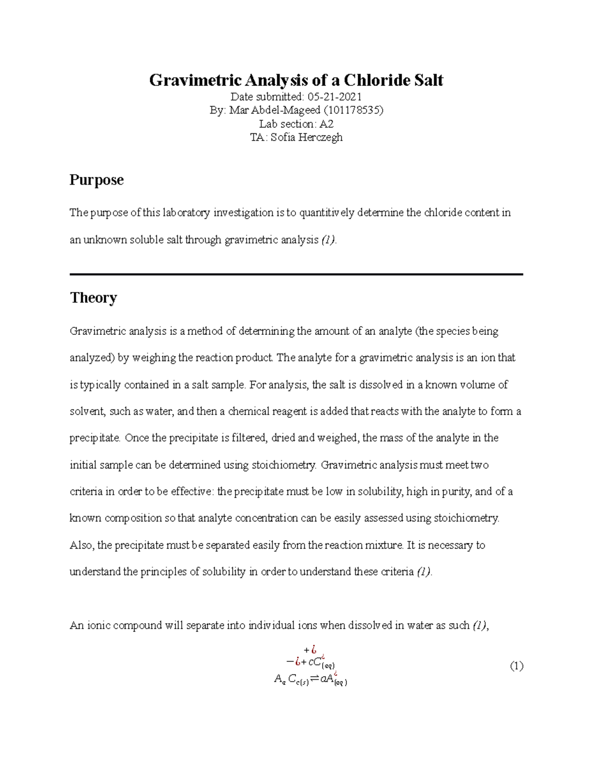 CHEM 1001 G Formal Report - Gravimetric Analysis of a Chloride Salt ...
