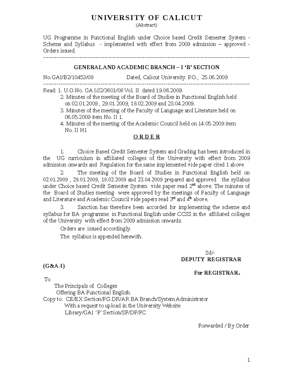 Fuctional English Bbsbeb UNIVERSITY OF CALICUT (Abstract) UG