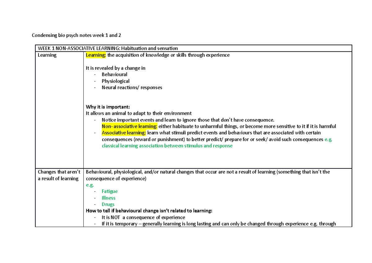 Condensing bio psych notes week 1 and 2 Non associative learning either habituate to